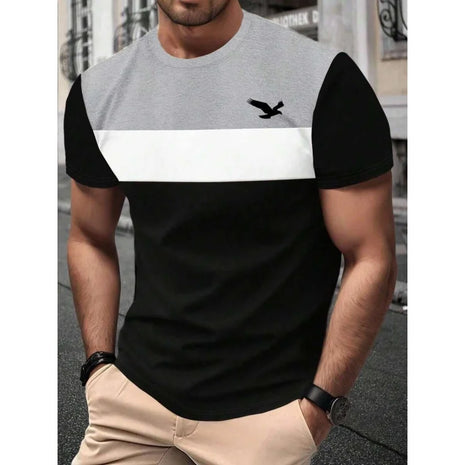 T-shirt homme à coutures géométriques imprimées en 3D T-shirt à motif rayé coloré T-shirt décontracté d'été à col rond et manches courtes amples