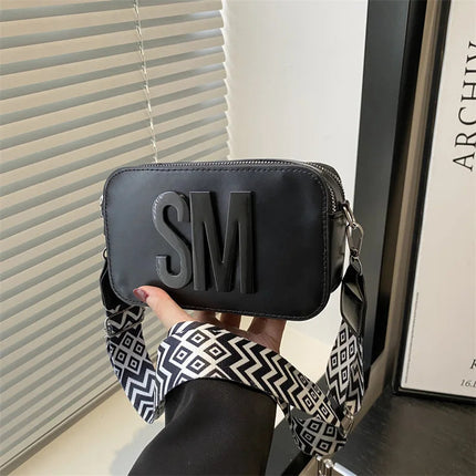 Chic SM Letter Camera Bags, Stylish Women’s Crossbody Small Square Purses with Wide Patterned Straps, Perfect for Daily Casual PlatiNum