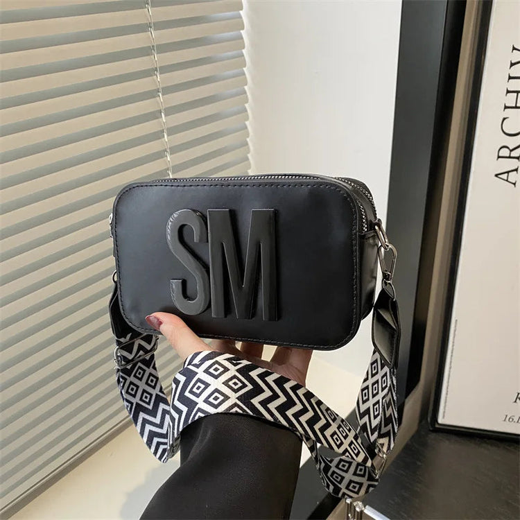 Chic SM Letter Camera Bags, Stylish Women’s Crossbody Small Square Purses with Wide Patterned Straps, Perfect for Daily Casual PlatiNum