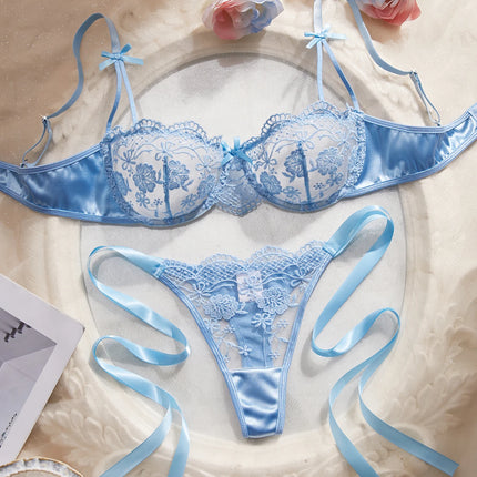 Lady Floral Embroidery Lingerie Set Women Sheer Bra and Brief Underwear Set Satin Sexy Intimates Underwear
