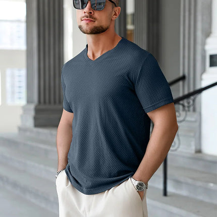 2025 New Men's Casual Short Sleeved Bone Flower Solid Color O-neck T-shirt Fashion Breathable Comfortable Summer Versatile Top PlatiNum