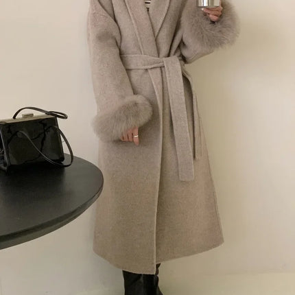 Elegant Lace Up Woolen Short Coat Solid Loose Lapel Furry Long Sleeve Belt Waist Jacket 2026 Spring Autumn Lady Chic Cardigan