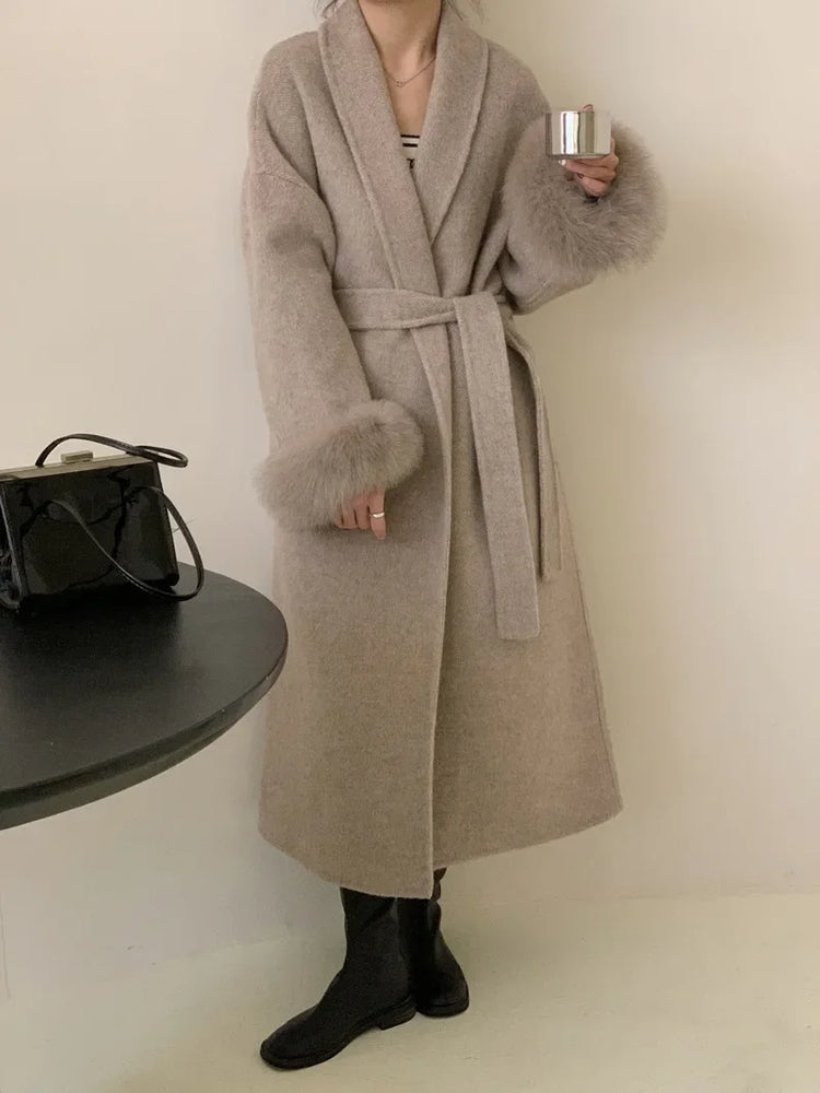 Elegant Lace Up Woolen Short Coat Solid Loose Lapel Furry Long Sleeve Belt Waist Jacket 2026 Spring Autumn Lady Chic Cardigan