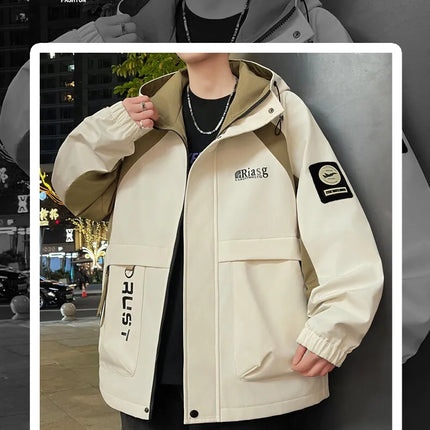 Men's Hooded Casual Jackets 2026 Spring Autumn Streetwear Windbreaker Loose Cargo Outdoor Coats Youth Daily Wear Tops Clothing