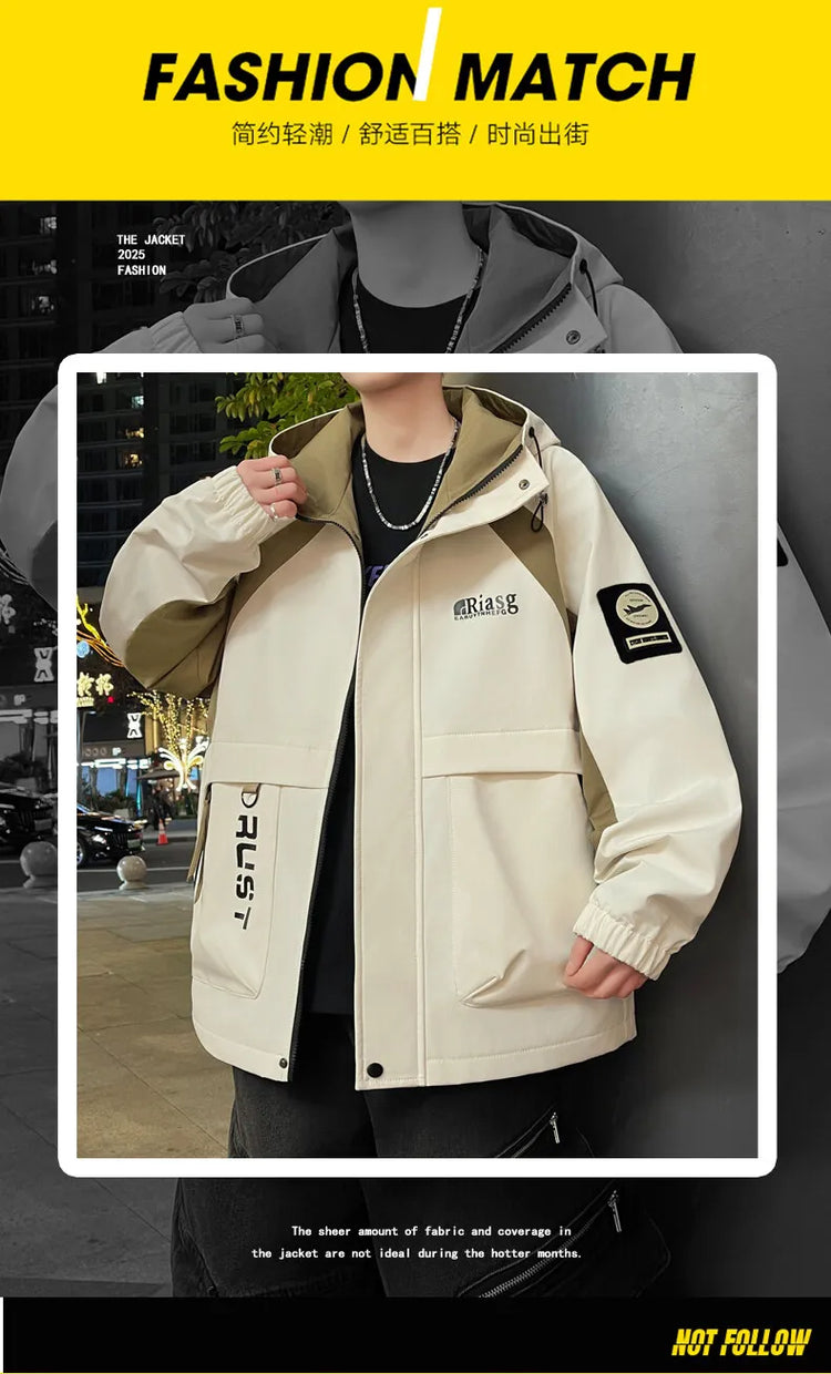 Men's Hooded Casual Jackets 2026 Spring Autumn Streetwear Windbreaker Loose Cargo Outdoor Coats Youth Daily Wear Tops Clothing