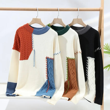 2024 Patchwork Knitted Sweater Trend High Street Autumn Winter Warm Men's Tops Hip-hop Street Clothing Fishing Sports Pullover