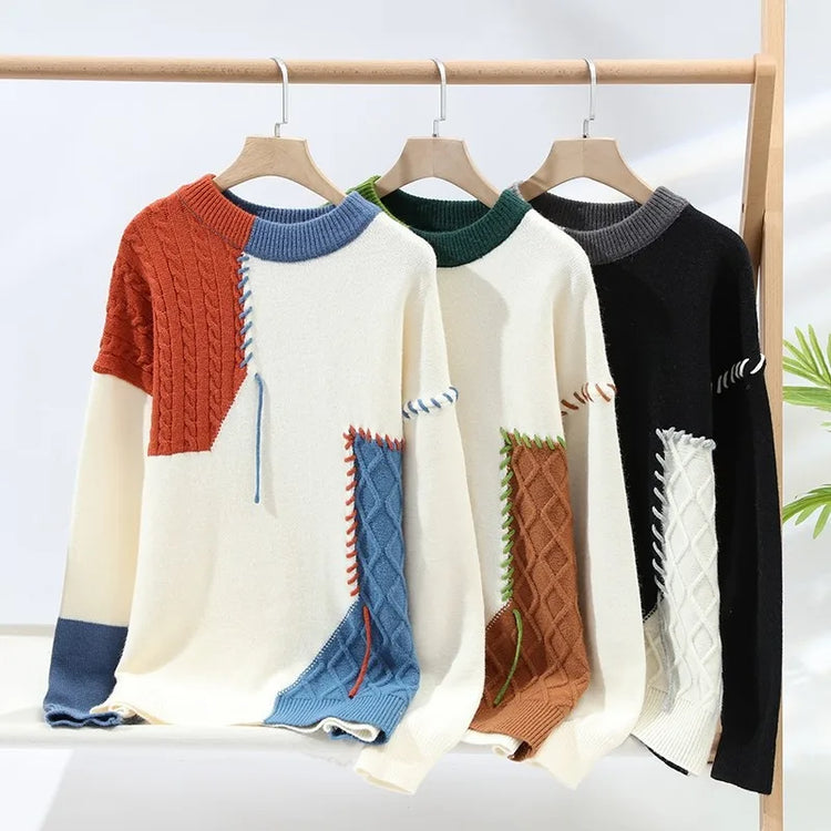 2024 Patchwork Knitted Sweater Trend High Street Autumn Winter Warm Men's Tops Hip-hop Street Clothing Fishing Sports Pullover