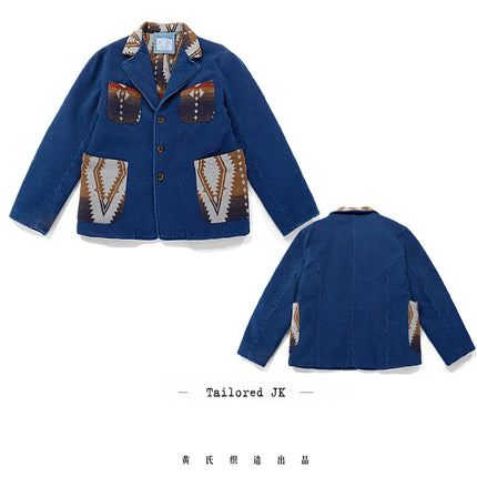 Men's Indigo Multi Pockets Jacket French Retro Blue Dye Lapel Thick Workwear Tooling Cardigan Coat plus Size for Autumn Winter