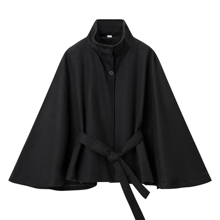 KIDCRKJ Women Spring Lace Up Coat High Neck Jackets Faux Wool Blends Cape Coatsfor Lady  Warm Elegant Chic Female Cloak Coat