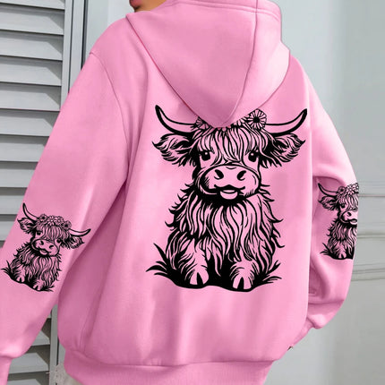 Cute Hair Cow Cartoon Printing Hoodies Womens Fleece Autumn Streetwear Comfortable Casual Hoodie Y2K Pocket All-Match Hoody