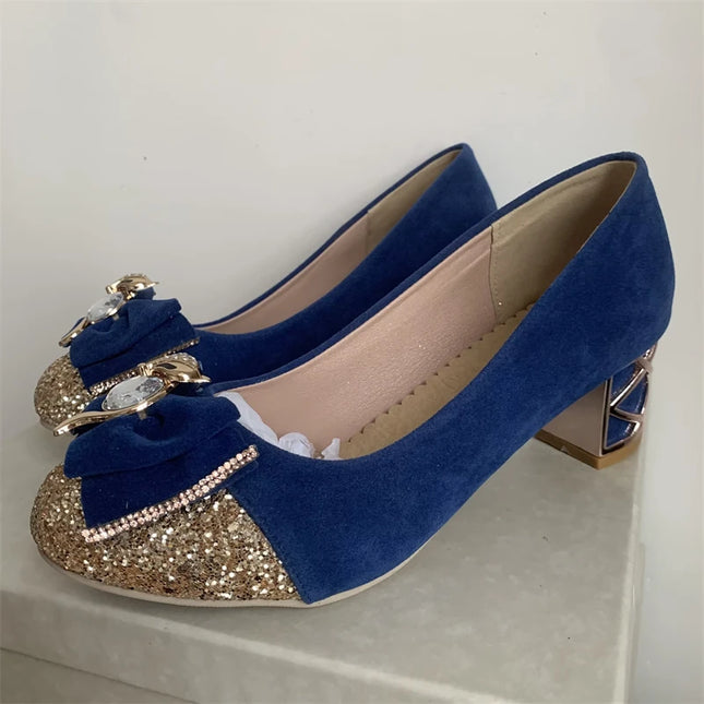 Women's Casual Low Heel Luxury Blue Crystal Pumps Sweet Bow Tie Pink Black Heel Wedding Party Shoes