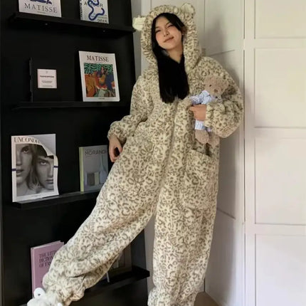 Girls Cartoon Bunny Kigurumi Onesie Pajamas Winter Thick Plush Fleece Hooded Jumpsuit Sleepwear Cute Bow Homewear Loungewear