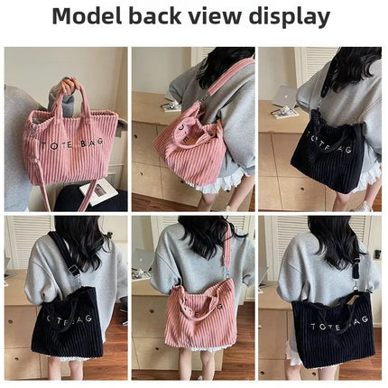 Simple Letter Soft Corduroy Shoulder Bags for Women Versatile Large Capacity Ladies Crossbody Bag Portable Female Handbags Tote PlatiNum