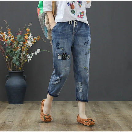 Amax luluE 2025 Moda Estate Streetwear Pantaloni in denim Donna Vintage Jeans elastici Donna Casual Allentato Ricamo Pantaloni Harem