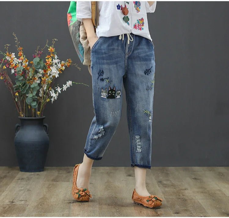 Amax luluE 2025 Moda Estate Streetwear Pantaloni in denim Donna Vintage Jeans elastici Donna Casual Allentato Ricamo Pantaloni Harem