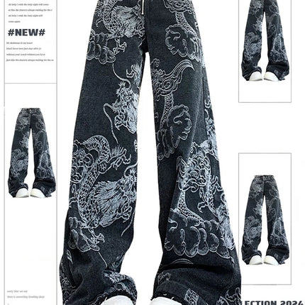 Donne Nero Gotico Drago Stampa Jeans Baggy Vintage Estetica Pantaloni Da Cowboy Harajuku Pantaloni In Denim Y2k Trashy 2000s Vestiti 2024