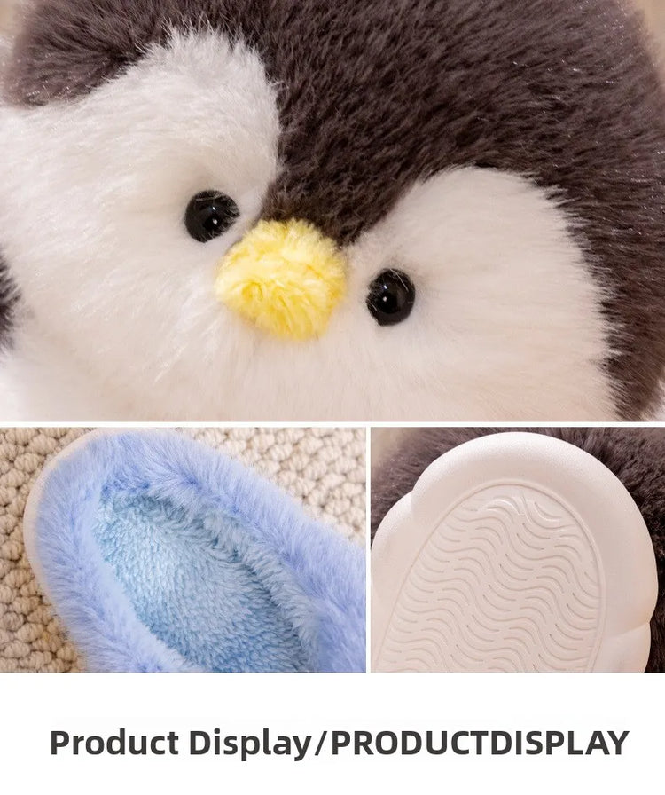 Cute Penguin Plush Slippers，Winter Warm Full-Coverage Home Slippers，Cartoon Animal-Themed, Non-Slip, Thick-Soled Women's Indoor
