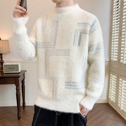 2025 Thickened Sweater Men's Autumn Winter Casual Half High Neck Pullover Knitwear Furry Korean Loose Simple Sweaters 3 Colors