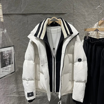 Winter Men Thick Warm White Duck Down Jacket Fashion Stand Collar Spliced Windproof Overcoat Loose Fit Casual Outside Down Coat