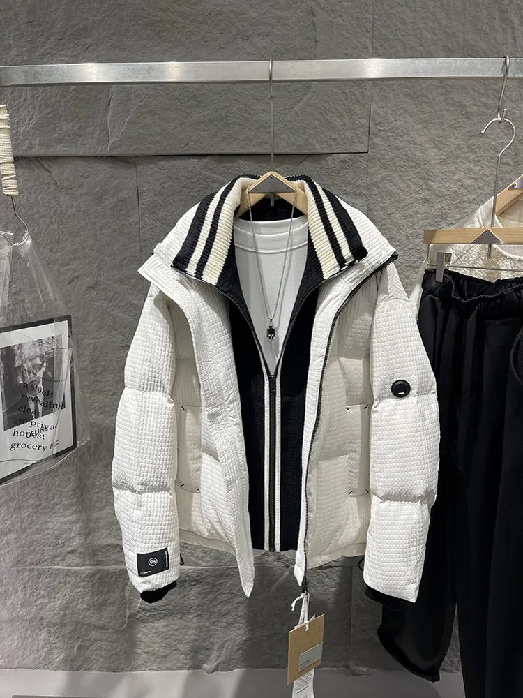 Winter Men Thick Warm White Duck Down Jacket Fashion Stand Collar Spliced Windproof Overcoat Loose Fit Casual Outside Down Coat