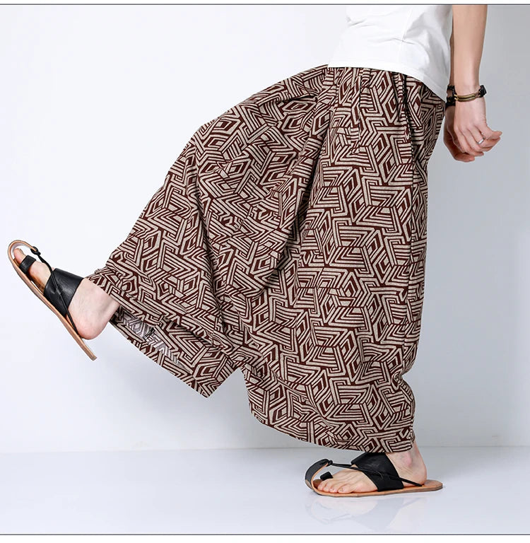 Pantaloni stile cinese uomo retrò Casual gamba larga pantaloni larghi Crossover cotone lino nuovi pantaloni grafici da uomo pantaloni Hip Hop M-5XL