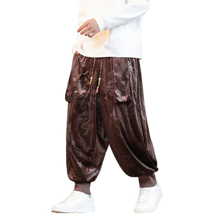 Pantaloni da uomo stile cinese retrò allentato drago scuro stampa pantaloni a gamba larga Kung Fu Tai Chi pantaloni casual tradizionali taglie forti 5XL
