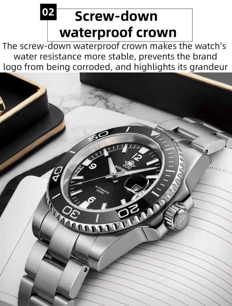 ADDIESDIVE Men Fashion Diving Mechanical Watch, Sapphire Crystal 20Bar Ceramic Bezel Super Luminous Stainless Steel Personalized