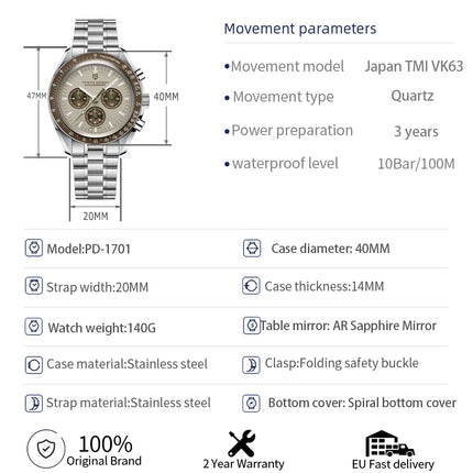 PAGANI DESIGN Nuovo Orologio da Uomo di Lusso al Quarzo con Vetro Zaffiro AR, Cronografo Sportivo Impermeabile 500 ATM, Movimento Giapponese, Luminoso, in Acciaio 316L