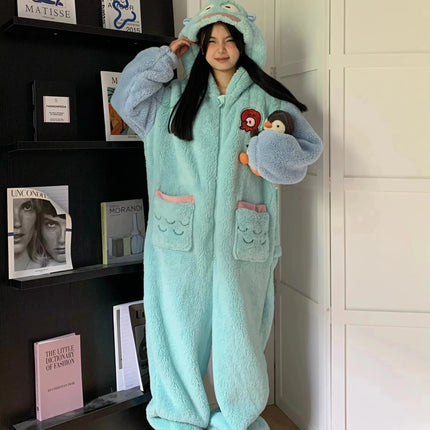 Girls Cartoon Bunny Kigurumi Onesie Pajamas Winter Thick Plush Fleece Hooded Jumpsuit Sleepwear Cute Bow Homewear Loungewear