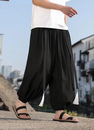 Pantaloni a Gamba Larga Stile Etnico per Uomo, Pantaloni in Lino Comodi e Traspiranti, Pantaloni da Ballo, Abbigliamento Casual Quotidiano, Pantaloni Hanfu, Taglie Fino a 8XL