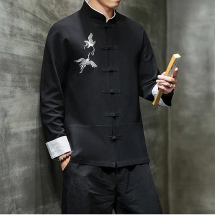Camicie con ricamo gru Abbigliamento tradizionale cinese vintage Mezza manica da uomo in lino Solido colletto Madarin Cardigan Hanfu Kungfu