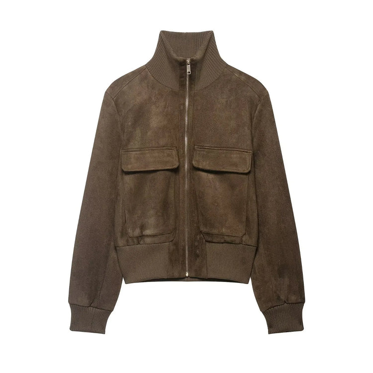 Ladies Short Vintage Faux Suede Autumn Winter Jacket Women Coat Stand-Collar Zip-up Field Trendy Streetwear Chic Jacket Female