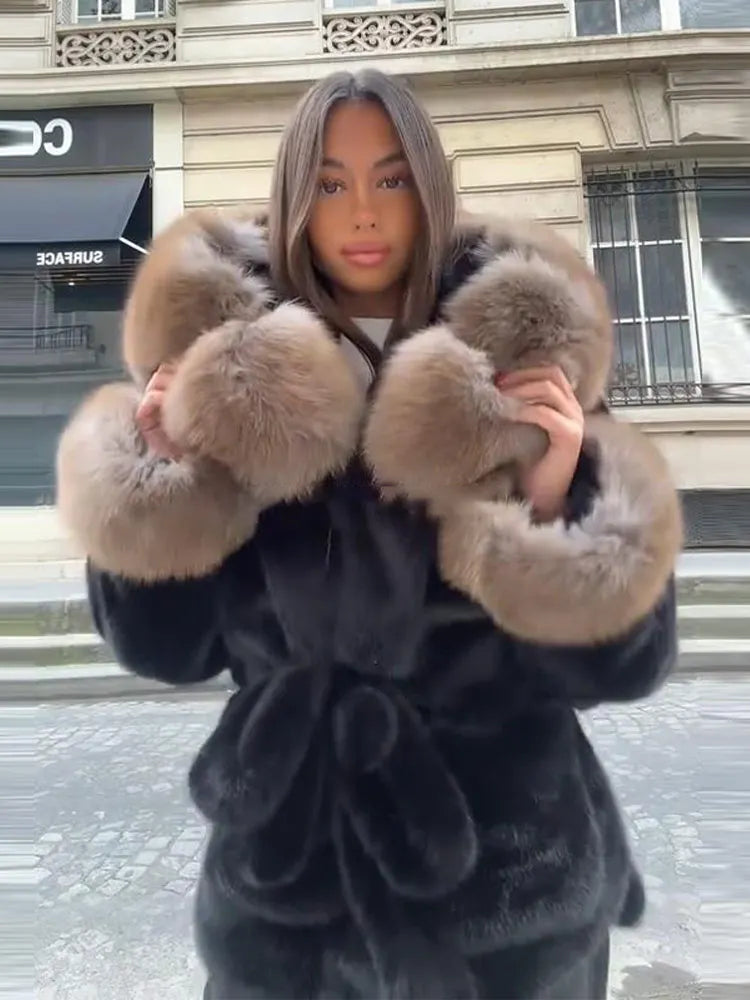Casual Patchwork Faux Fur Collar Women's Coat Lace Up Pockets Thicken Lady Coats 2026 Autumn Winter Female Street Outerwear