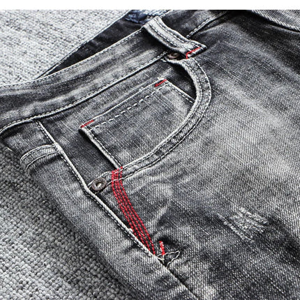 Italian Style Fashion Men Jeans Retro Gray Elastic Slim Fit Ripped Jeans Men Trousers Vintage Designer Casual Denim Pants Hombre PlatiNum