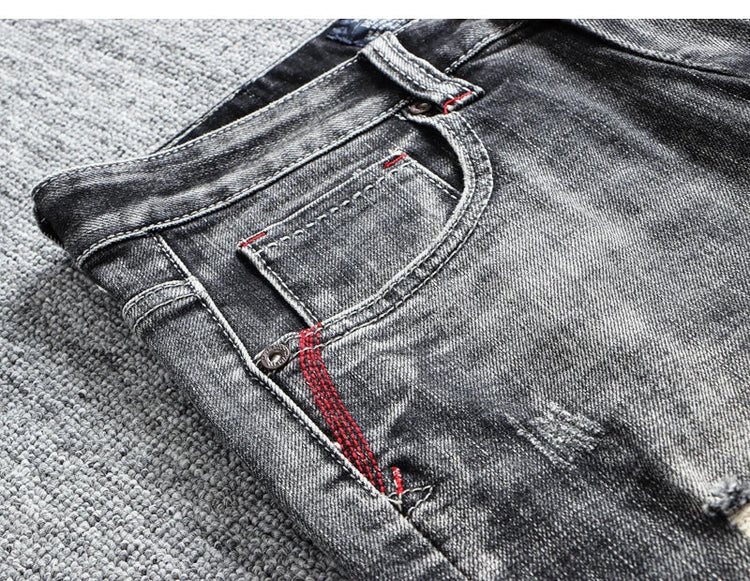 Italian Style Fashion Men Jeans Retro Gray Elastic Slim Fit Ripped Jeans Men Trousers Vintage Designer Casual Denim Pants Hombre PlatiNum