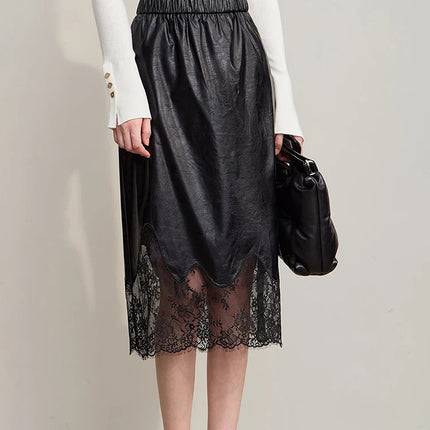 AMII Women's Skirt 2025 Autumn New Minimalist Versatile Clothing Ladies Leather Splicing Lace Solid A-line Midi Skirt 12543095 PlatiNum