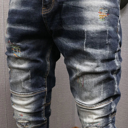 Fashion Streetwear Men Jeans Retro Black Blue Elastic Slim Fit Ripped Jeans Men Spliced Designer Embroidery Hip Hop Denim Pants PlatiNum
