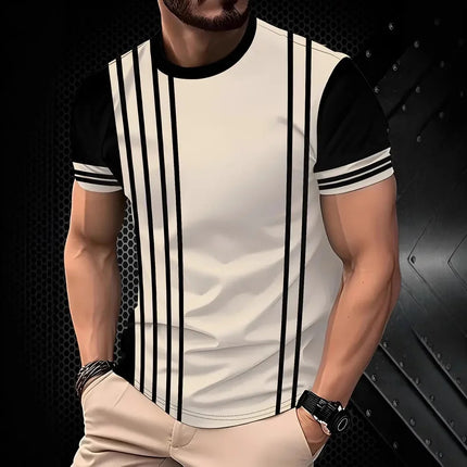 Men's Summer T-shirts 2026, 3D Striped Print, Designer, Oversized Short Sleeve Streetwear, Casual Sports Tops for Everyday Wear