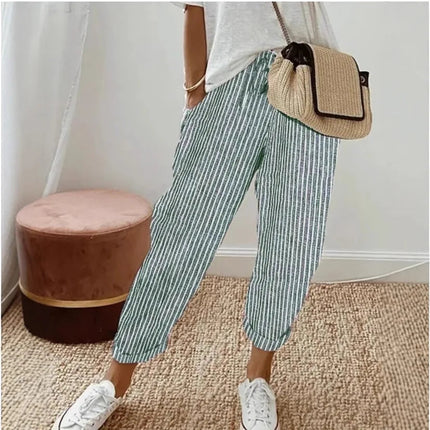 Pantaloni casual con coulisse in vita elastica stampata a righe larghe alla moda da donna europea e americana transfrontaliera estiva platinumshop