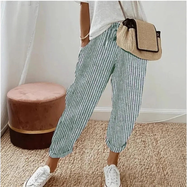 Pantaloni casual con coulisse in vita elastica stampata a righe larghe alla moda da donna europea e americana transfrontaliera estiva platinumshop