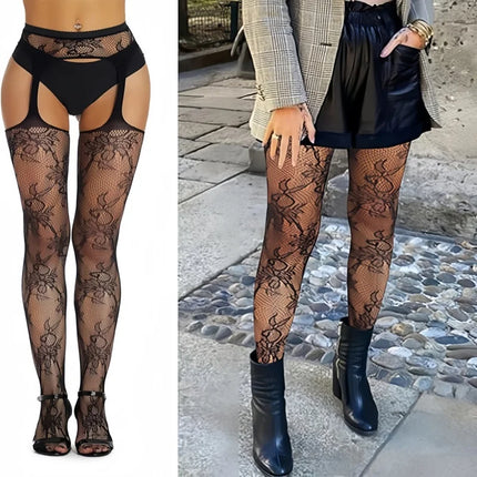Calze a rete sexy da donna da 3 pezzi Collant con reggicalze alti fino alla coscia con reggicalze Design con motivo scavato per uso occasionale