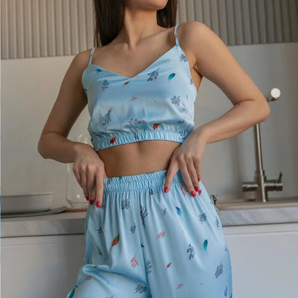 Nuovo pigiama di seta in raso per le donne Set di indumenti da notte con stampa floreale Sexy scollo a V senza maniche Top da notte Pigiama Abbigliamento per la casa Pigiama