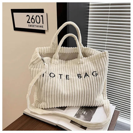 Simple Letter Soft Corduroy Shoulder Bags for Women Versatile Large Capacity Ladies Crossbody Bag Portable Female Handbags Tote PlatiNum