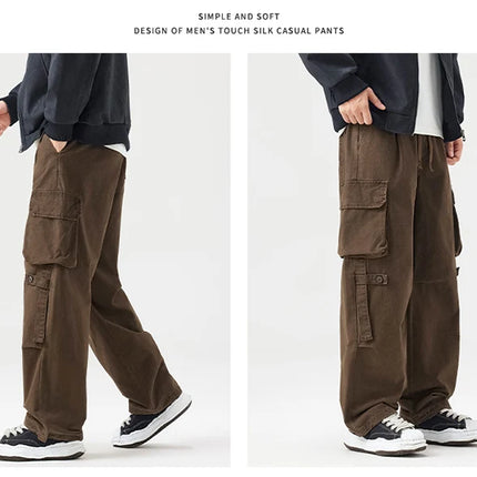 Autumn New Cargo Loose Multi-pockets 100% Cotton Straight Pants for Men Clothing Comfort Zipper Male Trouser GF258113