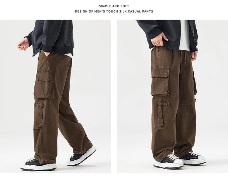 Autumn New Cargo Loose Multi-pockets 100% Cotton Straight Pants for Men Clothing Comfort Zipper Male Trouser GF258113