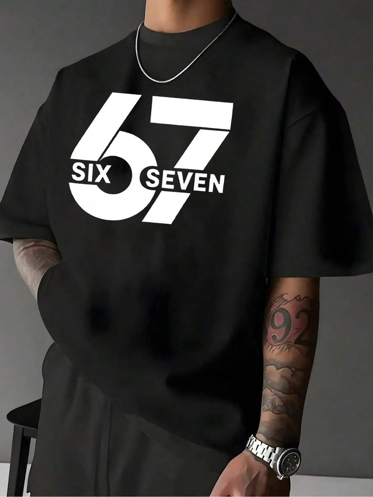 T-shirt estiva da uomo a maniche corte “67” con motivo stampato in stile unisex adatta per feste in casa come regalo
