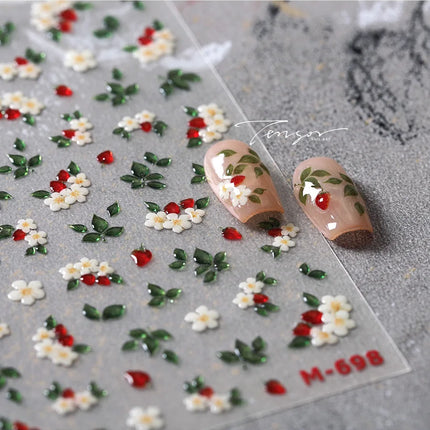 1Pcs 5D Jelly White Lily Red Strawberry Nail Art Sticker Peony Rose Camellia Embossed Nails Decals Delicate Nail Art Decorations