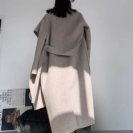 Luxury Hand-sewn Double-sided Cashmere Wool Coat Women New Mid-length Scarf Collar Loose Lace-up Warm Wool Coat Fashion Winter