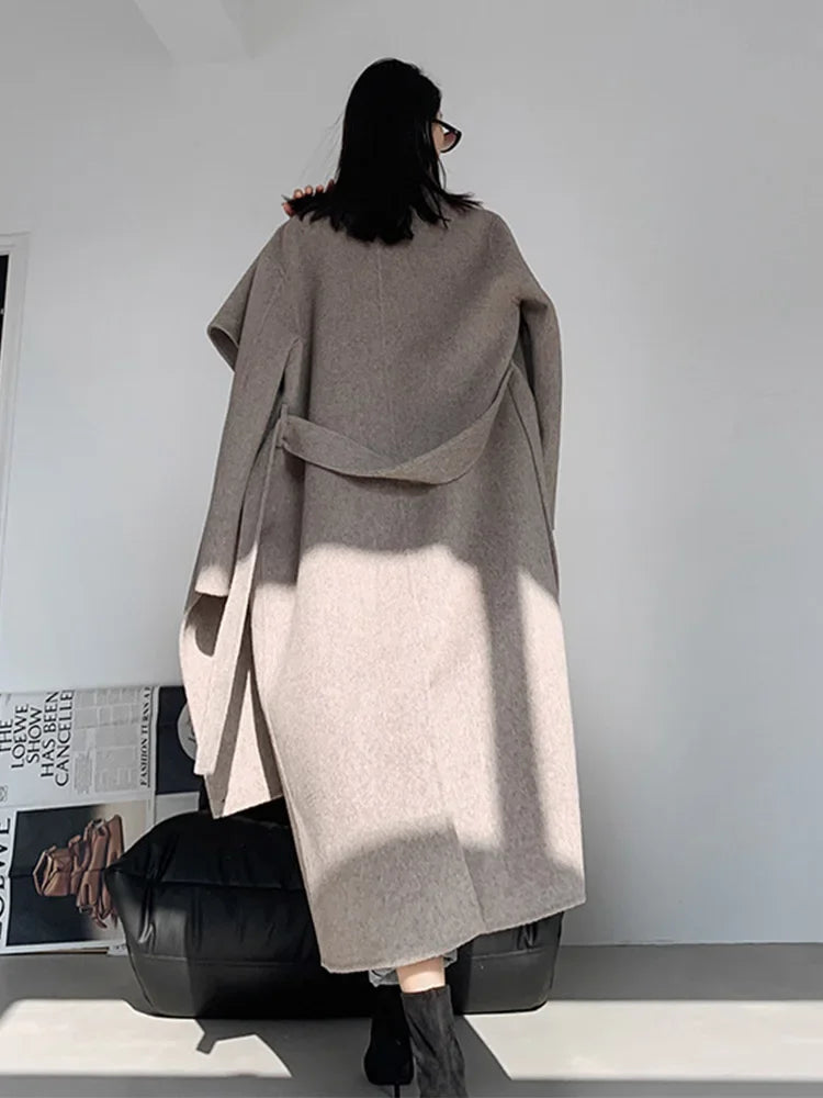Luxury Hand-sewn Double-sided Cashmere Wool Coat Women New Mid-length Scarf Collar Loose Lace-up Warm Wool Coat Fashion Winter