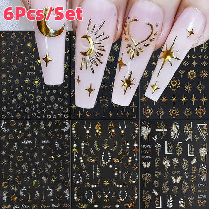 6Pcs/Set Metal Silver Star/Heart/Moon 3D Nail Art Stickers 8*10cm Hollow Love/Cross Self-Adhesive Slider Luxury Manicure Decals